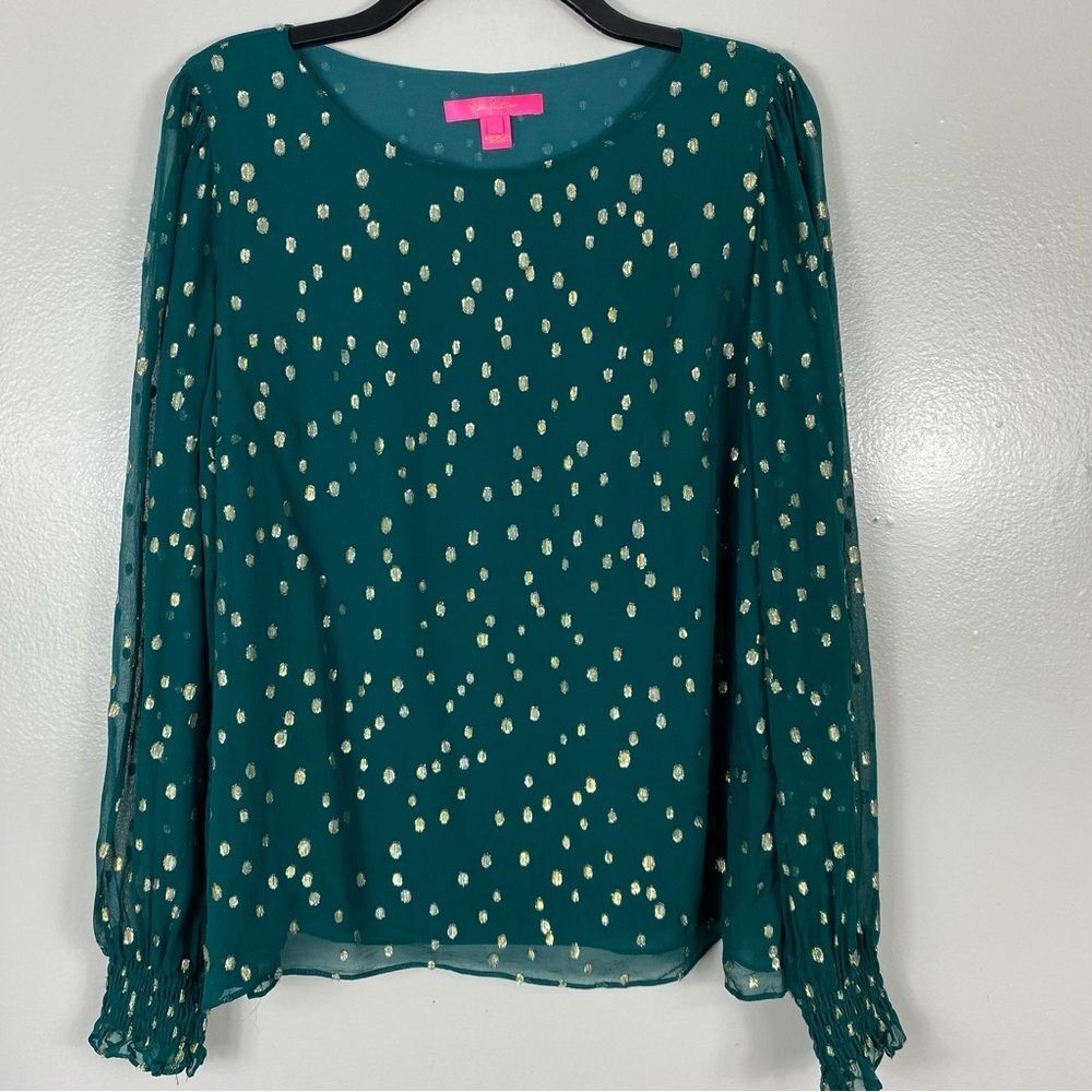 Lilly Pulitzer Idina Long Silk green and metallic gold Swiss dot blouse